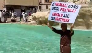 Viral monk enters Trevi Fountain to protest for animal rights (Video)