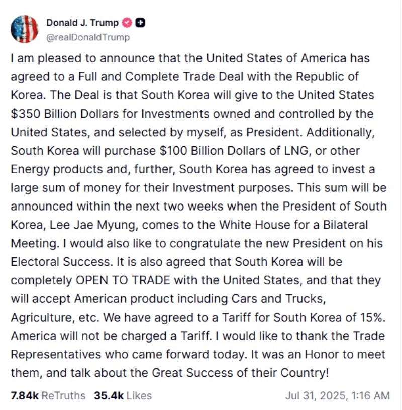Trump announces new trade deal with South Korea: 15% tariffs and billion-dollar investments
