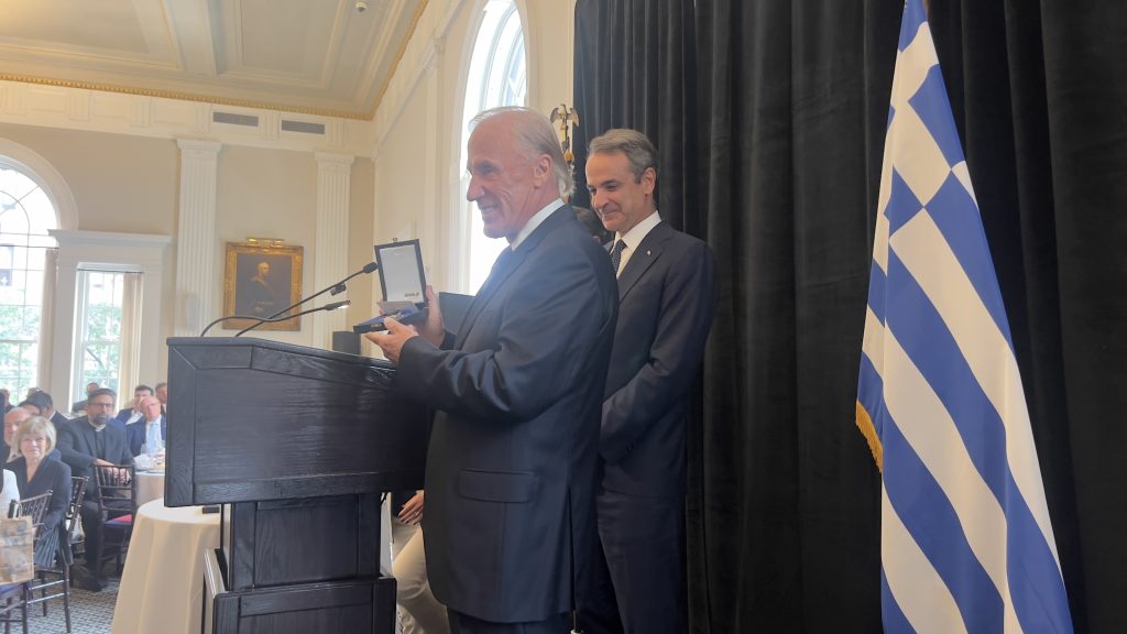 The Greek Prime Minister with businessman and philanthropist Dean Metropoulos, who was among the honored individuals at the end of the event