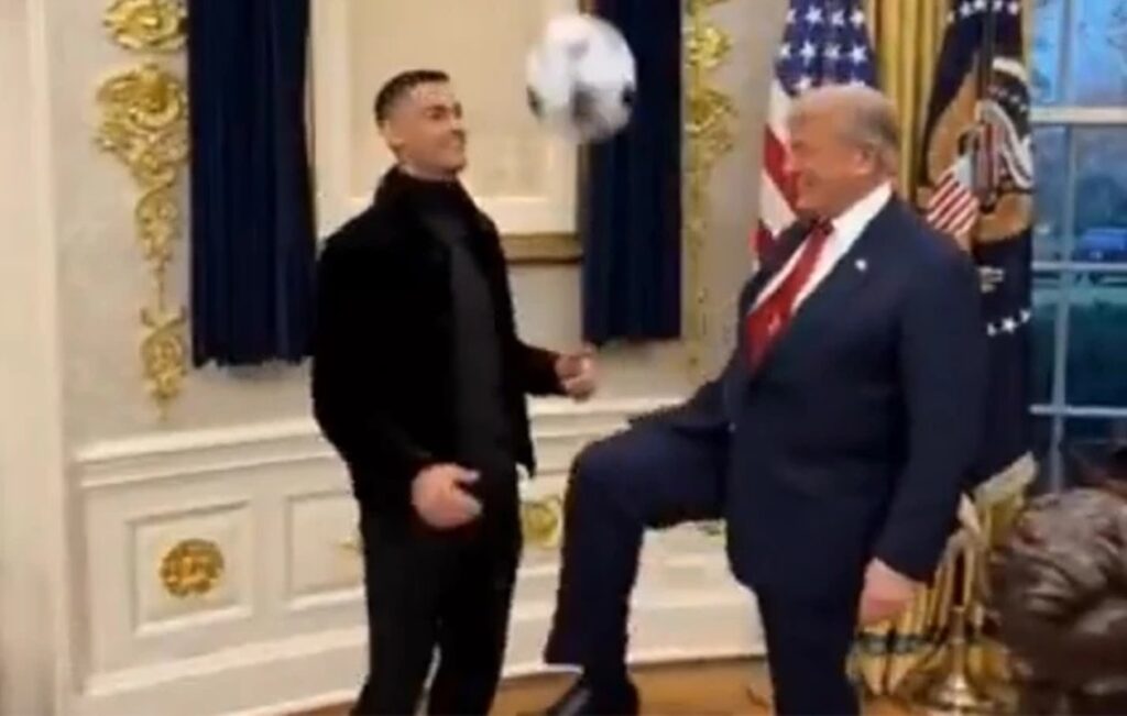 Trump and Ronaldo play soccer in Oval Office AI video
