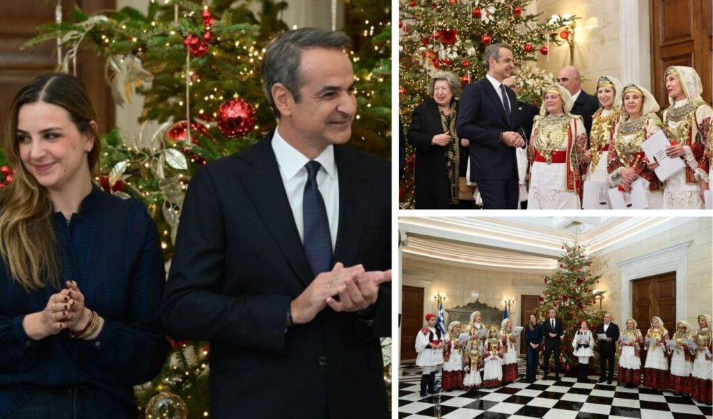Greek PM Kyriakos Mitsotakis receives New Year carol singers at Maximos Mansion