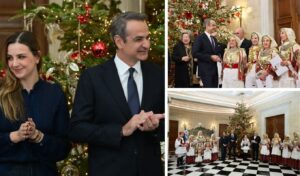 Greek PM Kyriakos Mitsotakis receives New Year carol singers at Maximos Mansion