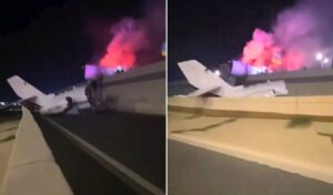 Texas plane crash: Small aircraft slams into highway and bursts into flames, one dead