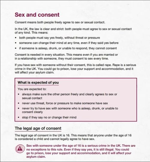 UK asylum seeker guide on consent and behaviour