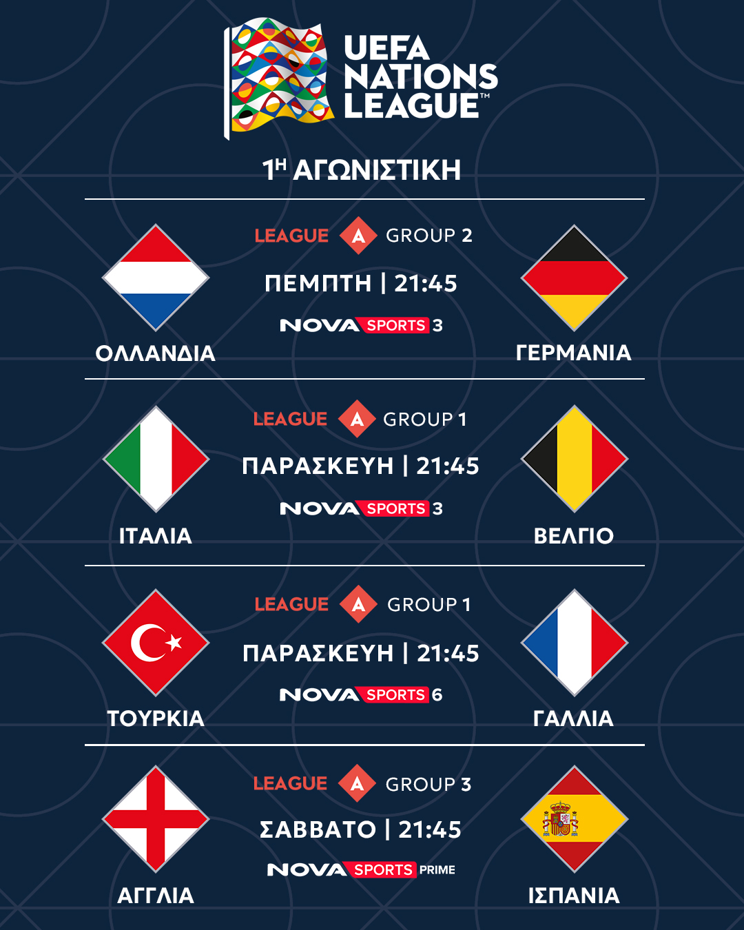 UEFA Nations League on Novasports: Greece in League A elite with 100+ live matches in two weeks