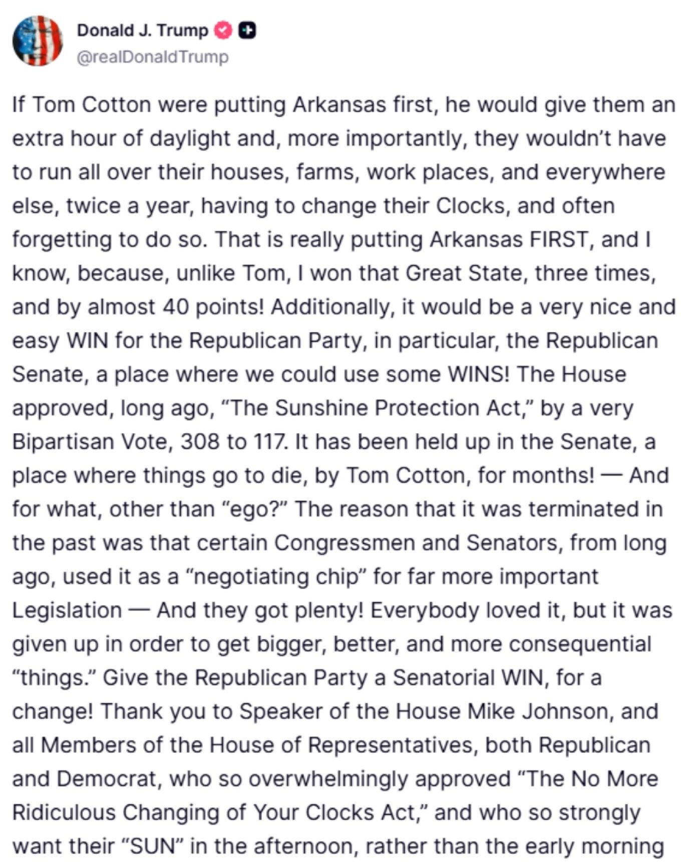 Trump Truth Social post on daylight saving time